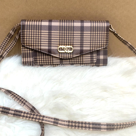 TIME and TRU Brown Plaid Faux Leather Crossbody Clutch Wallet-on-a-String NWT - Picture 1 of 13